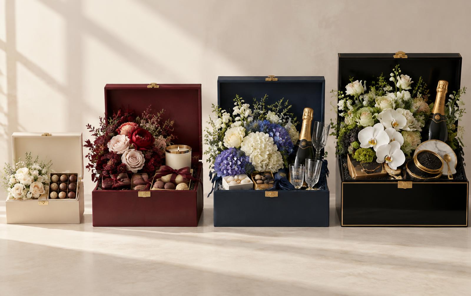 Four luxury apology gift boxes with flowers, chocolate, Champagne, and caviar